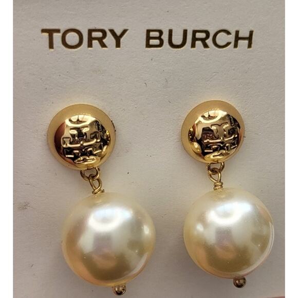 Tory Burch Jewelry - NEW TORY BURCH SPORT LOGO CRYSTAL PEARL DROP EARRINGS
